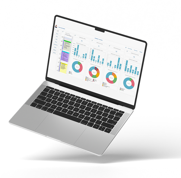 Laptop met het Admin2Win-dashboard vol grafieken en rapporten