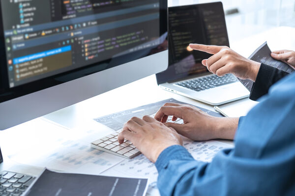 Team of Professional Developer programmer cooperation meeting and brainstorming and programming in website working a software and coding technology, writing codes and database.
