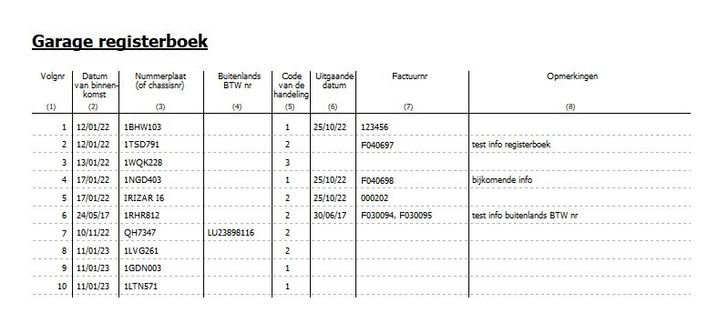 Garage registerboek